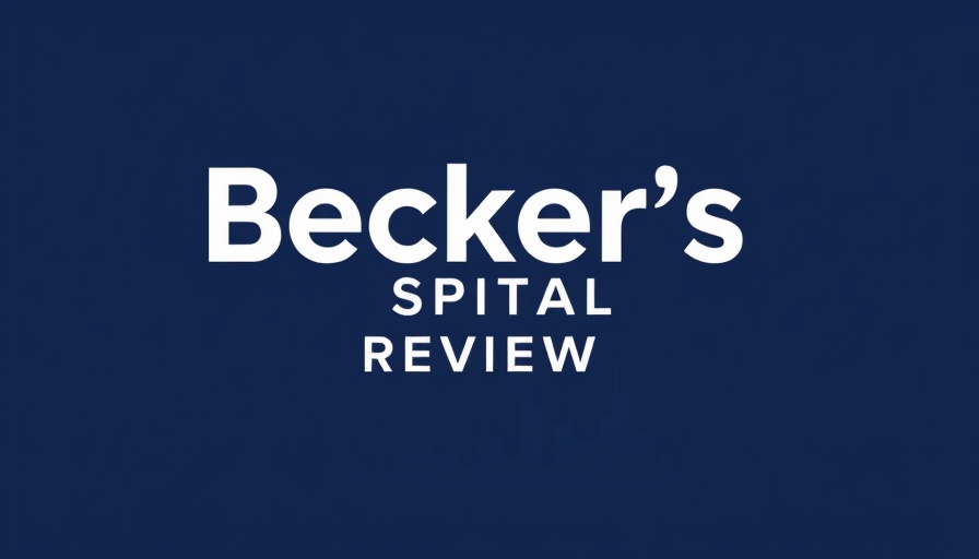 Becker's Hospital Review logo on navy blue with cityscape.