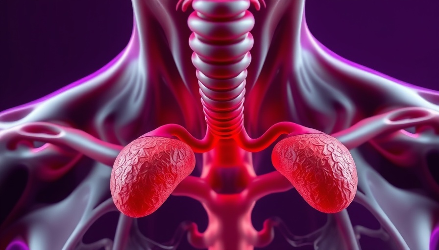 3D endocrine glands illustration highlights thyroid and adrenal anatomy.