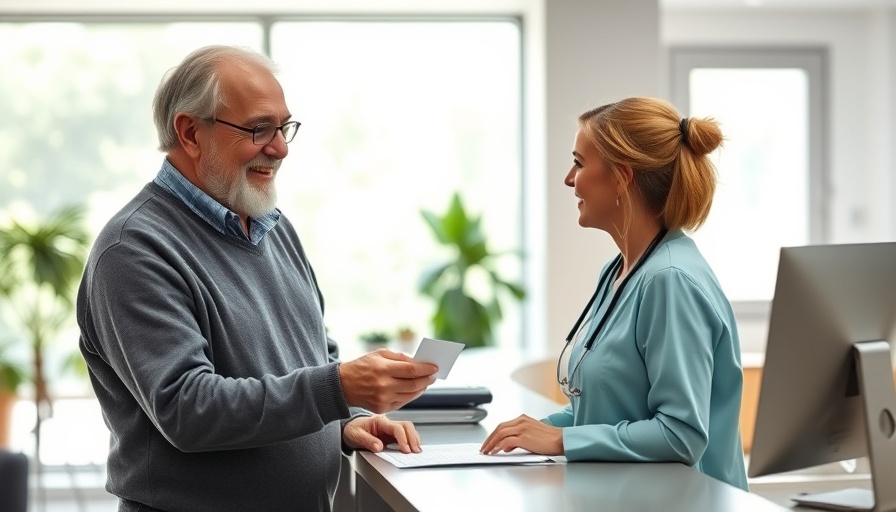 Elderly man and receptionist in a healthcare office, signifying Medicare's 60th Anniversary.