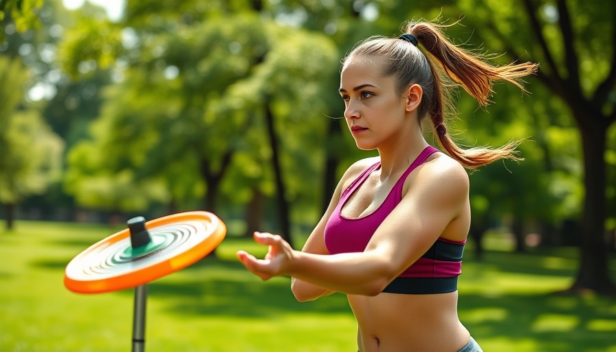 Woman playing disc golf at HBCOA tournament in a sunny park.