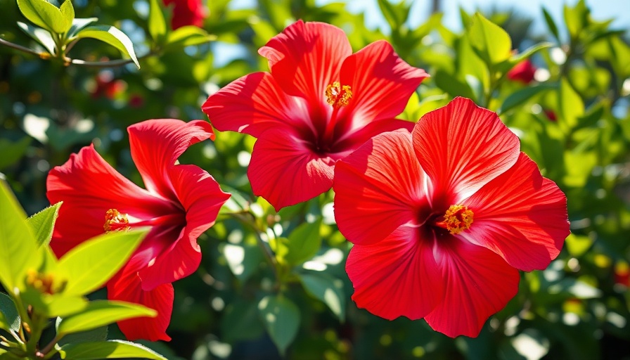 Roselle hibiscus flowers in sunlight with green leaves.