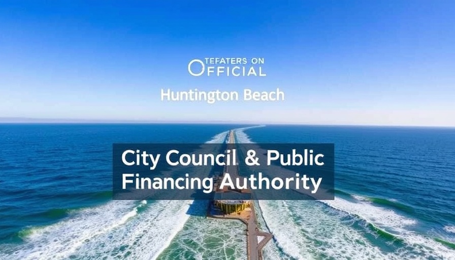 Huntington Beach City Council Meeting announcement over beach pier.