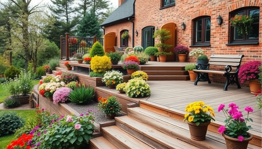 Sloped garden landscaping design ideas with terraced decking and plants.