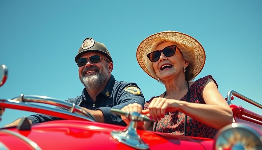Firefighter joyfully driving vintage Huntington Beach fire engine with elderly woman.