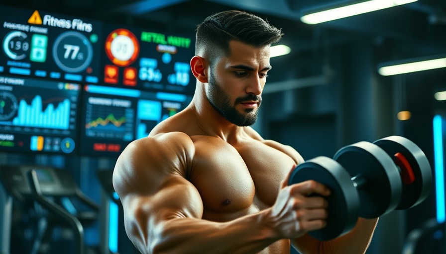 Muscular man using AI for fitness with digital display.