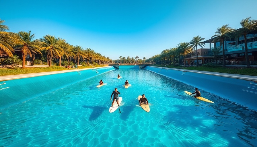 Expansive wave pool for surfing with paddling surfers.