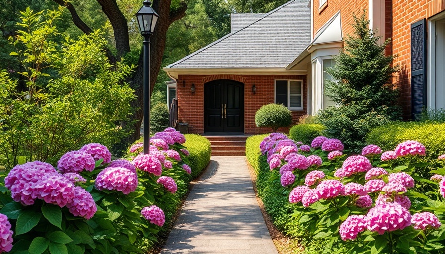 Simple pathway landscaping design with lush greenery and hydrangeas