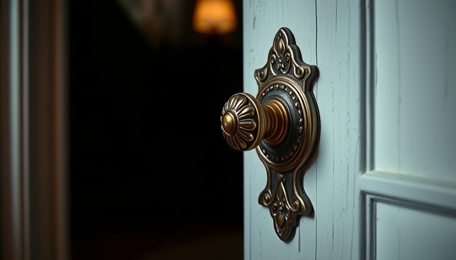 Antique brass doorknob on open white door in shadow.