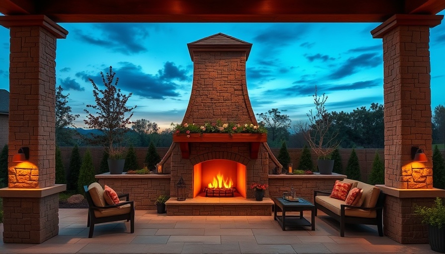 Modern outdoor fireplace design with stone-clad fireplace and cozy seating in twilight.