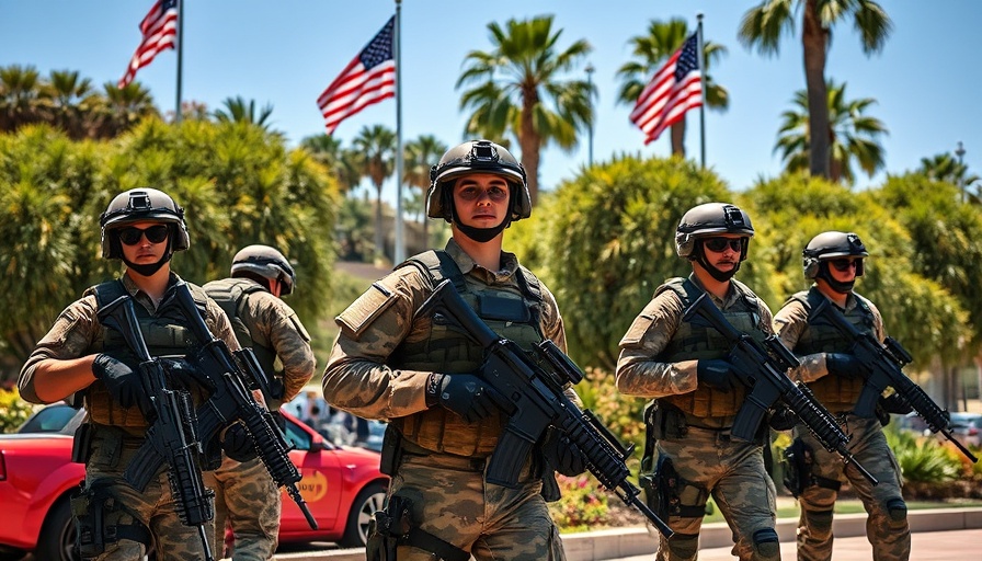 US marines in Los Angeles park with flags, vibrant greenery.
