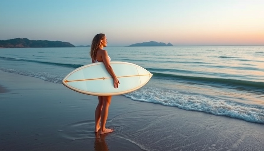 Currents of Devotion: woman with surfboard on tranquil beach, low tide.
