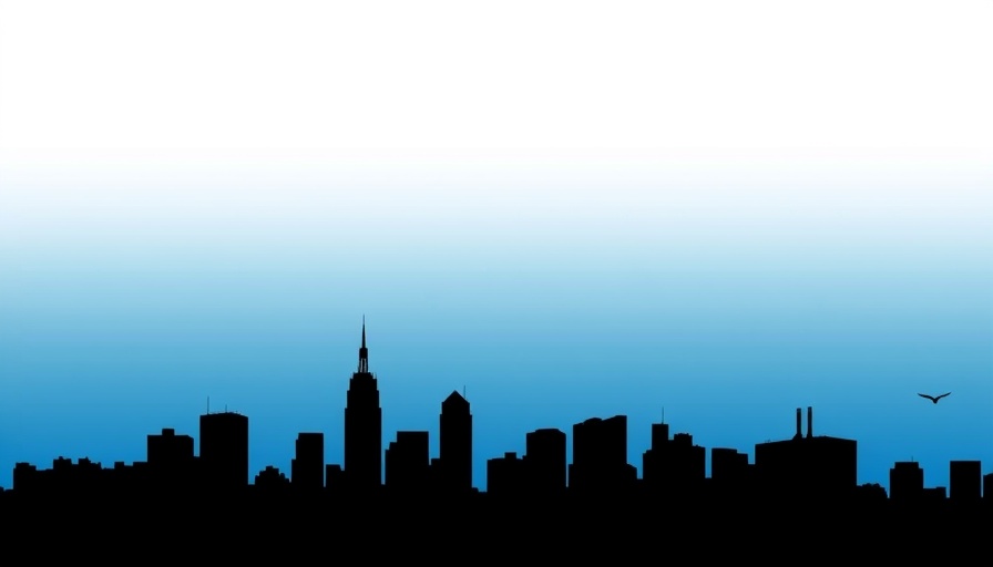 Minimalist cityscape logo with white text on blue background.