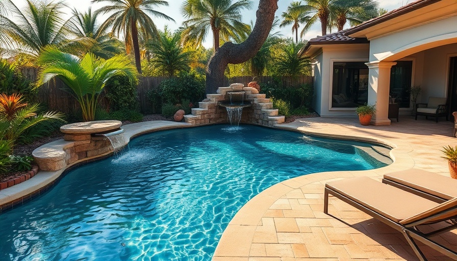 Luxurious backyard pool landscape design with tropical plants and waterfall.