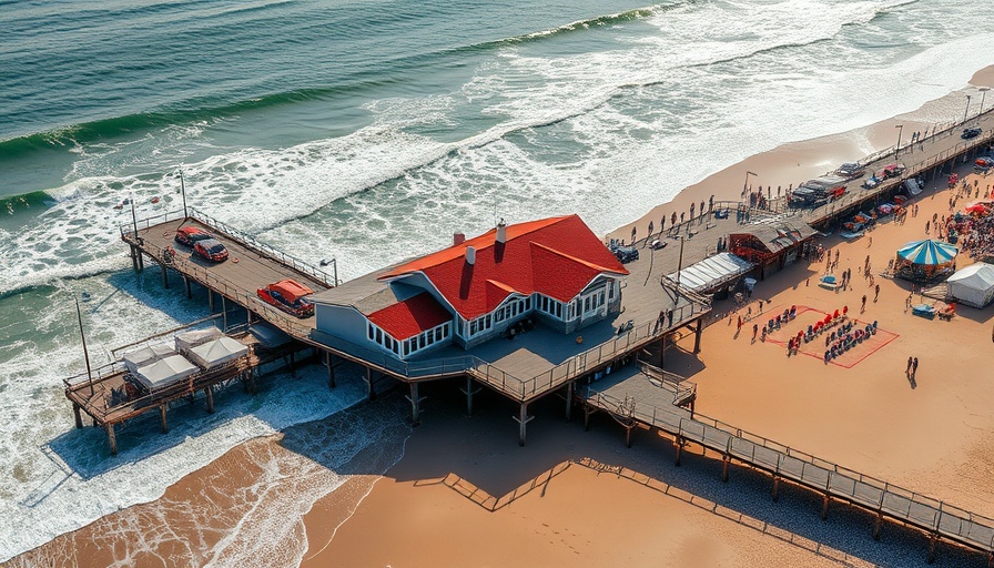 Aerial view of coastal pier and beach during Lexus US Open Surfing 2025 event.