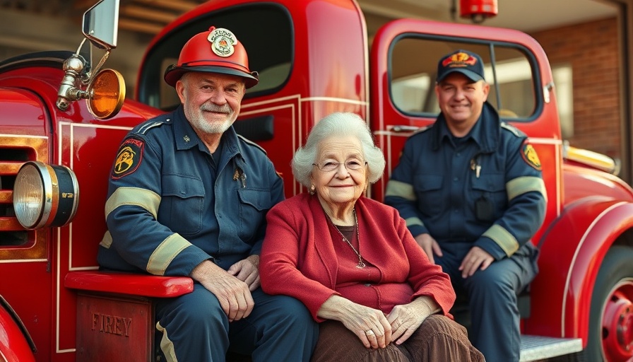 102 Year-Old Woman Meets Fire Truck with firefighters on a sunny day.