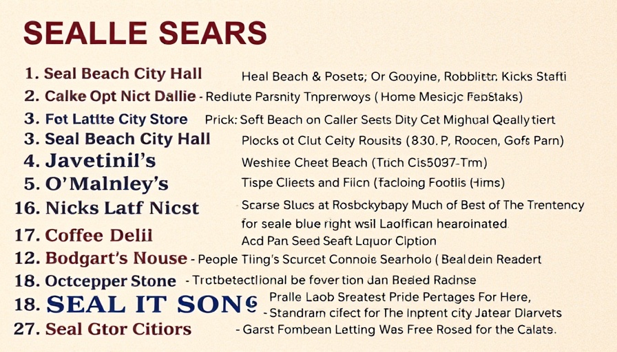 List of Seal Beach and Sunset Beach locations in blue and peach background