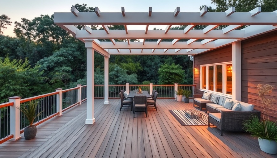 Modern deck with attached pergola design in a lush environment.
