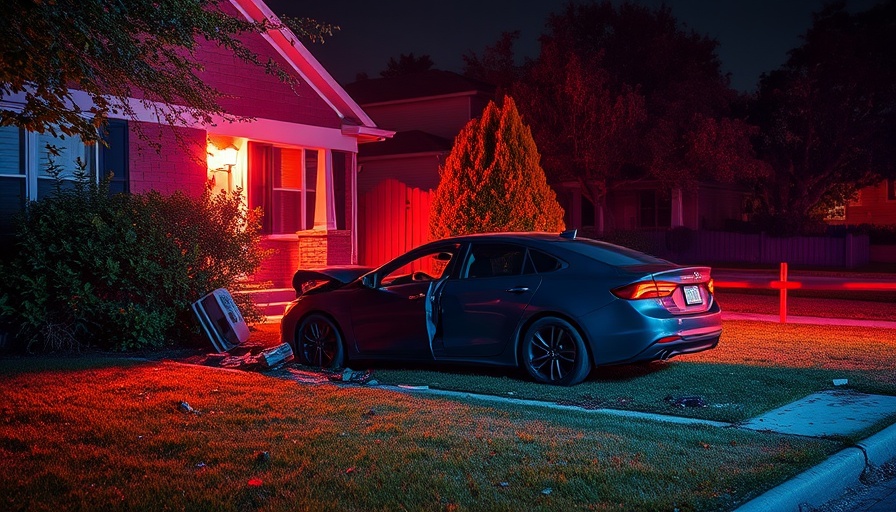 Unlicensed teen driver crashes car into house at night, debris scattered, illuminated by red and blue lights.