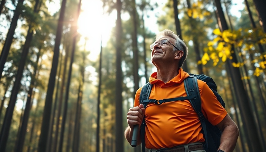Middle-aged man hiking, experiencing nature in vibrant forest, Destination Aging.