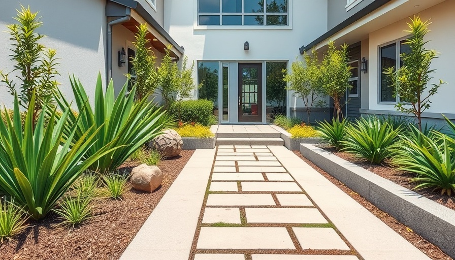 Modern front yard patio hardscaping with clean design and greenery.