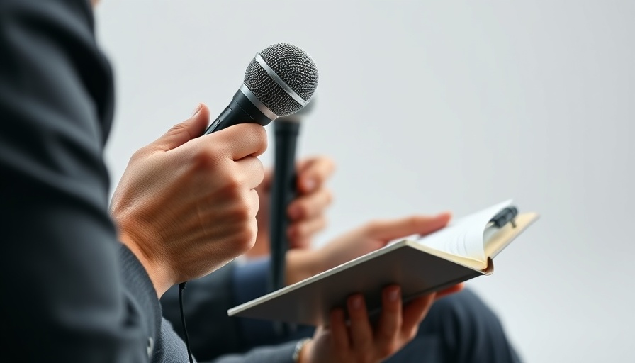 Interviewer with microphones and notepad covering the latest medical news.
