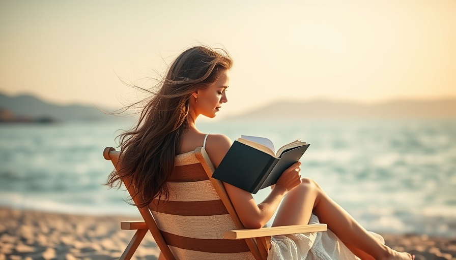 Serene woman reading on beach by calm sea, summer vibe.