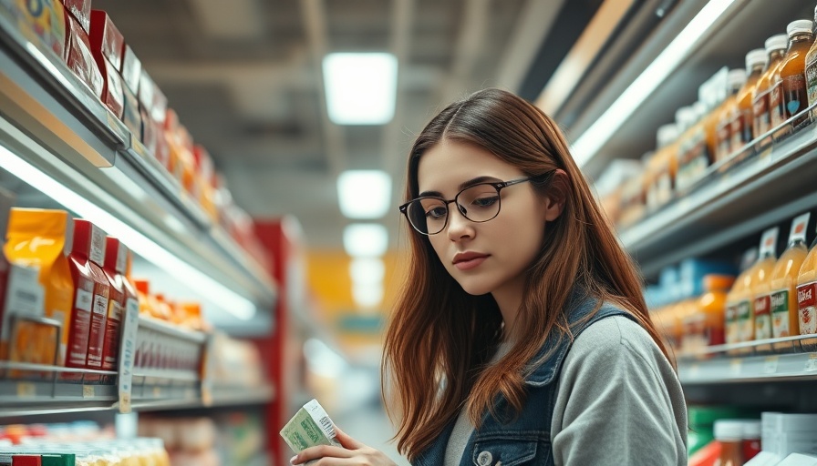 Young woman shopping, examining products in a supermarket aisle.
