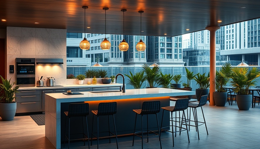 Modern outdoor kitchen with cityscape view featuring sleek trends.