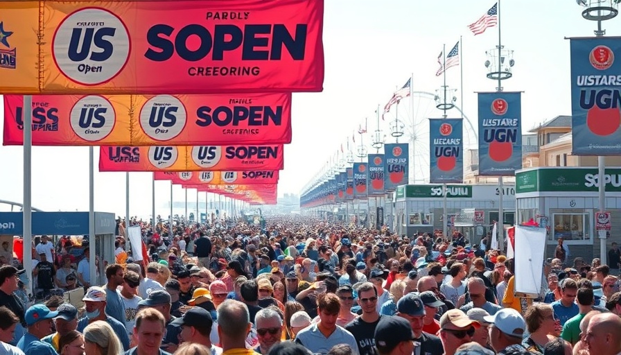 Crowd at US Open of Surfing event with colorful banners.