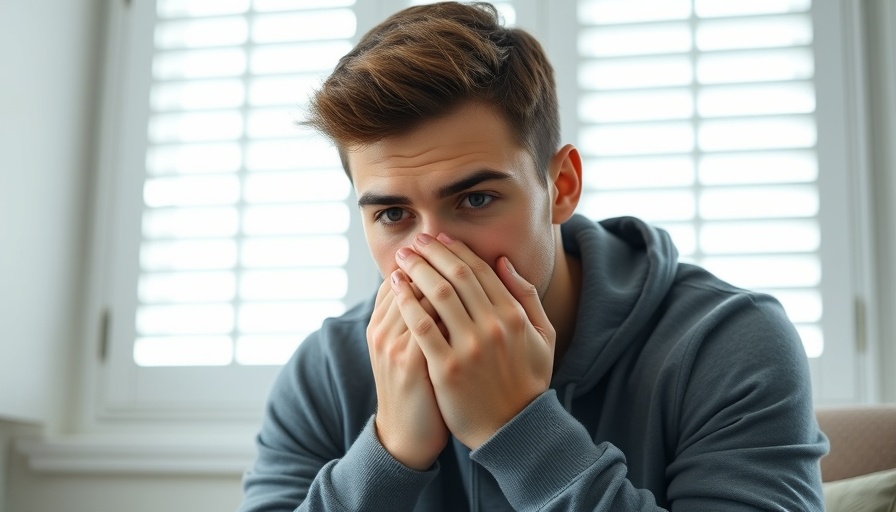 Young man sitting indoors, covers face in a thoughtful moment; highlights on Medicaid changes disabled care Southern California.
