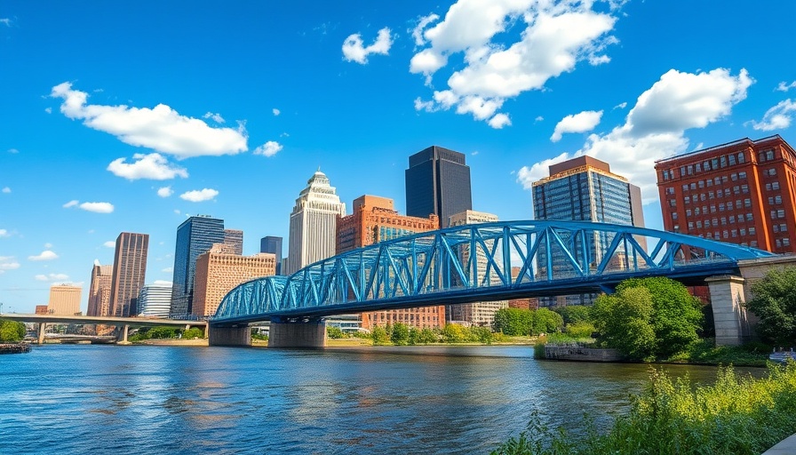 Michigan cityscape with blue bridge and river, clear sky