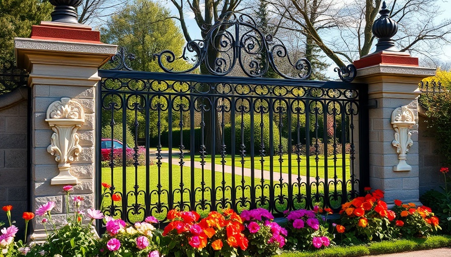 Ornate metal fence in garden, innovative fence design ideas.