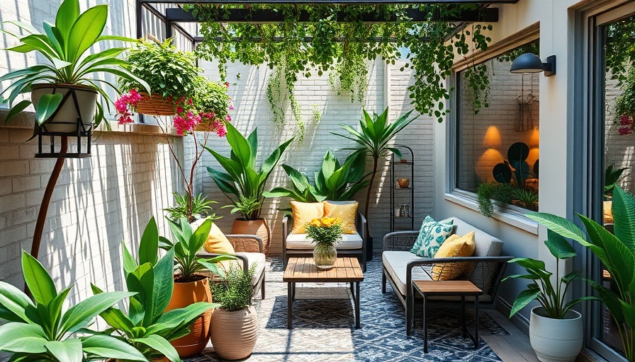 Charming small patio with vibrant plants and modern decor.