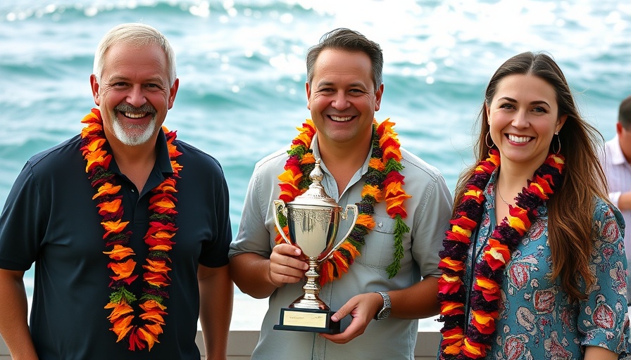 Surfers’ Hall of Fame Huntington Beach event attendees with trophies.