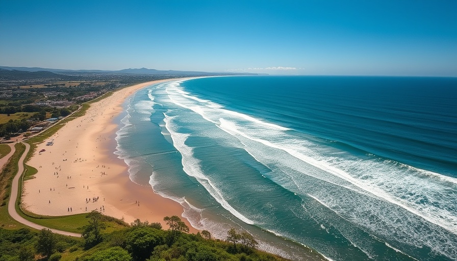 Aerial view of a sunny coastal beach showing how surfing changes your view of the ocean.