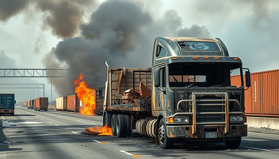 Burnt truck aftermath on 710 Freeway with shipping containers.