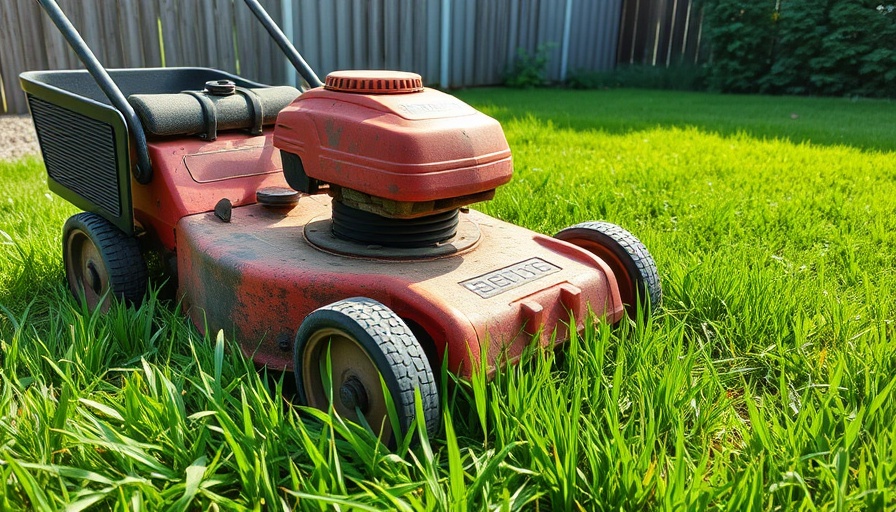 Old lawn mower on green grass - how to dispose of a lawn mower.