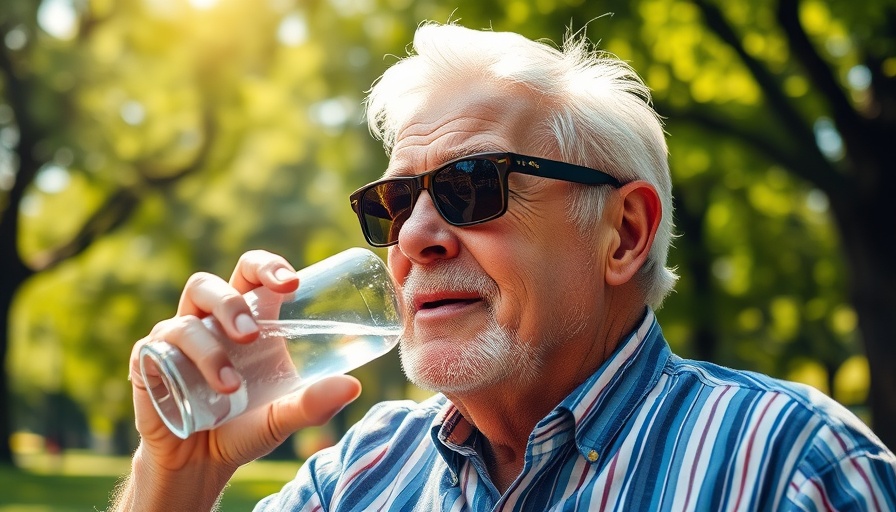 Senior man staying hydrated during a heatwave outdoors.