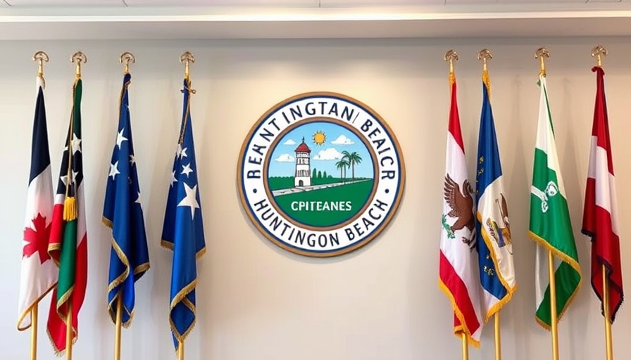 Seal of Huntington Beach on wall with flags, Planning Commission setting.