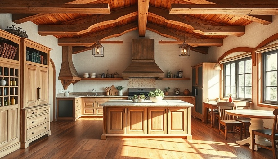 Rustic kitchen with wooden beams and island, warm and inviting atmosphere.