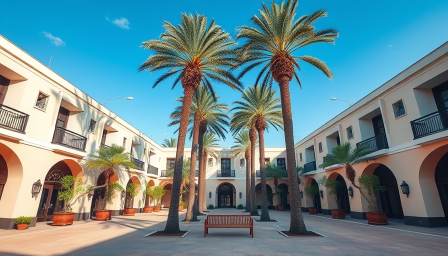 Elegant courtyard near Studebaker Road Extension with palm trees and benches.