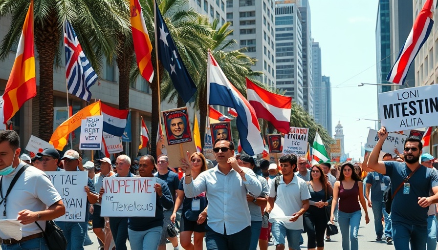 Protesters in Huntington Beach with banners and flags, sanctuary status debate.