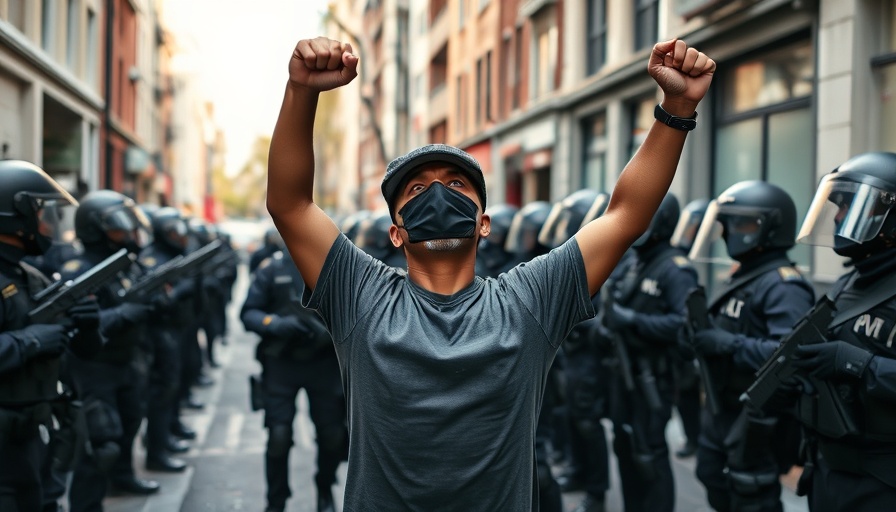 Protester facing armed officers during Supreme Court immigration stops.
