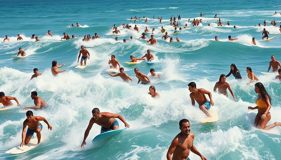 Energetic Slamarack surfing event in Carlsbad with many surfers and waves