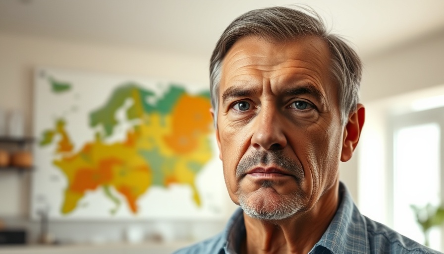 Middle-aged man's serious expression with 'Corn Sweat' weather map.