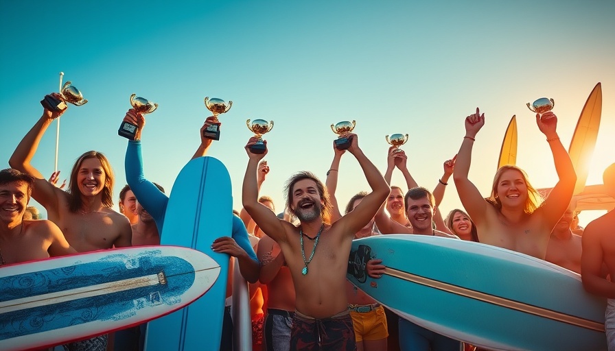 Surfers celebrating victory at 2025 US Open of Surfing, holding trophies.