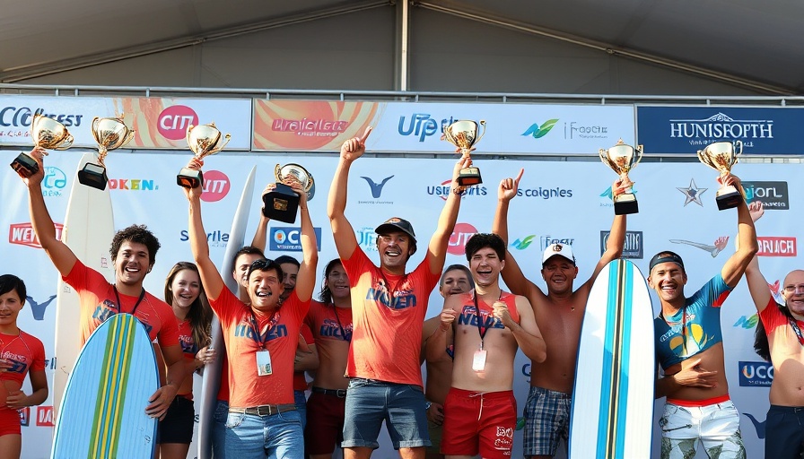 Surfers celebrate with trophies at U.S. Open of Surfing 2025.