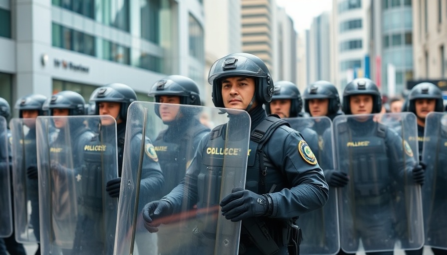 Military domestic law enforcement, soldiers with riot shields in urban setting.