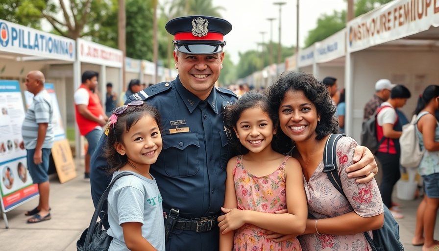 Huntington Beach National Night Out event with police and family smiling.