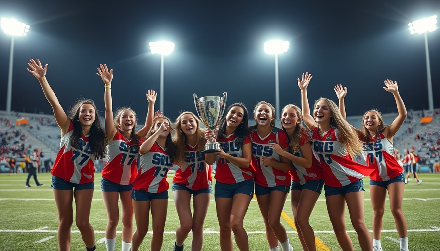 Girls flag football team celebrates with trophy under night stadium lights.